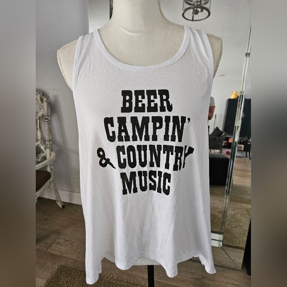Country Music Beer & Camping Ladies Tank Top White Large NWOT